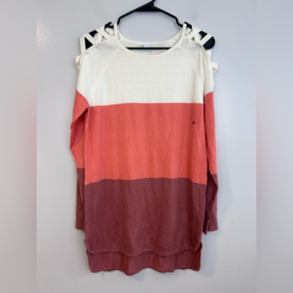 NWT New York & Co Ivory/Mauve Color Block Stipe Cold Criss Cross Sweater Medium